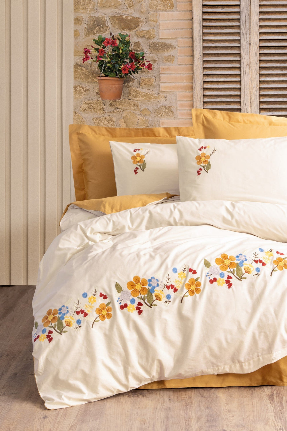 Ricamato Ranforce Matrimoniale Set Copripiumino Pamuya Senape