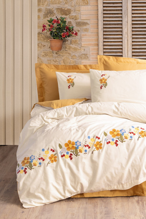 Ricamato Ranforce Matrimoniale Set Copripiumino Pamuya Senape