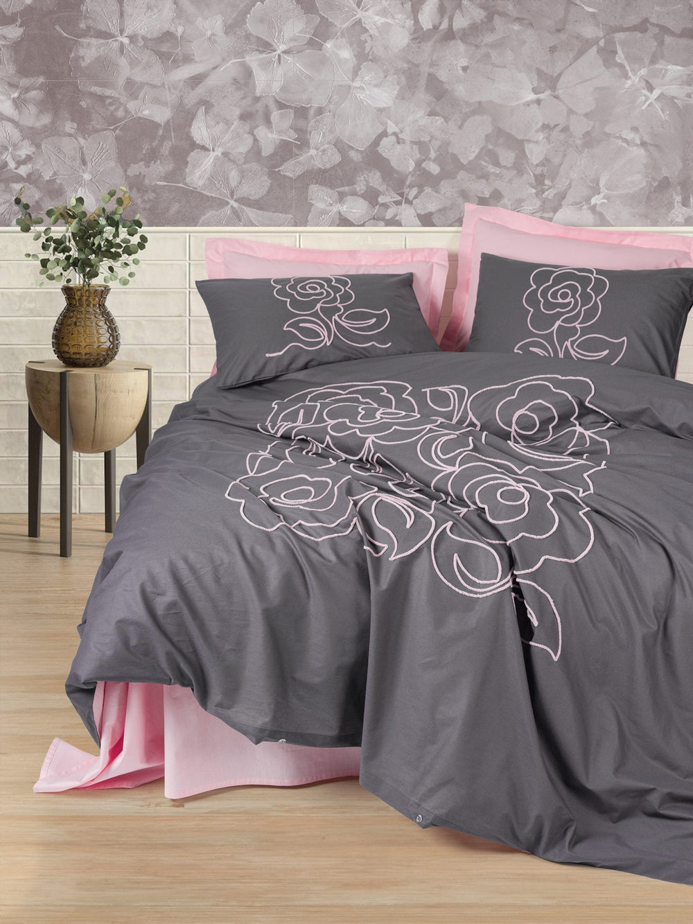 Ricamato Ranforce Matrimoniale Set Copripiumino Primula Rosa