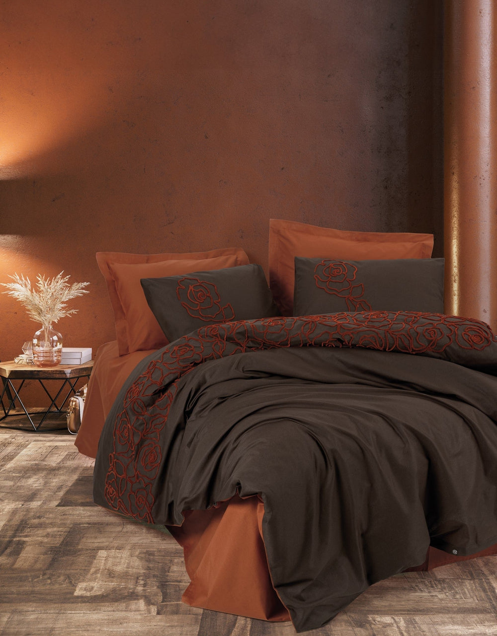 Ricamato Ranforce Matrimoniale Set Copripiumino Rosen Terracotta