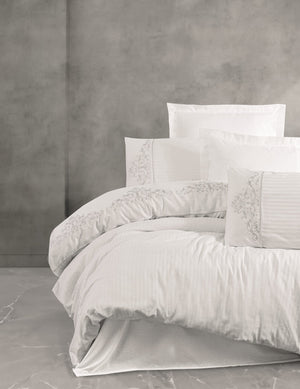 Ricamato Saten Matrimoniale Set Copripiumino Genny Bianco