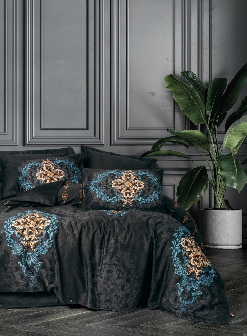 Palace Saten Matrimoniale Set Copripiumino Dorhan Nero