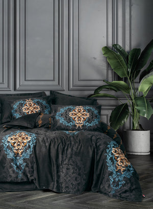 Palace Saten Matrimoniale Set Copripiumino Dorhan Nero