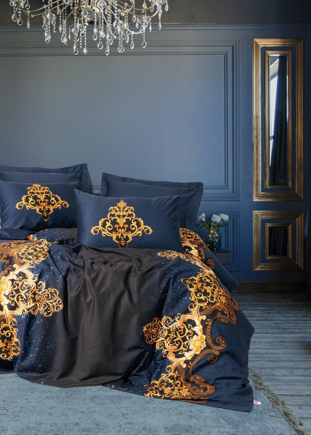 Palace Saten Matrimoniale Set Copripiumino Tutsu Blu navy