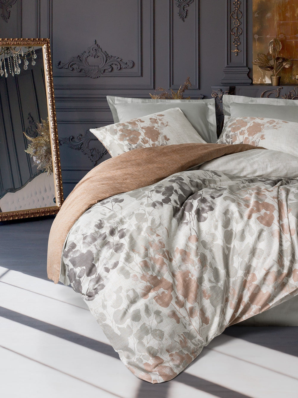 Saten Matrimoniale Set Copripiumino Blatt Grigio