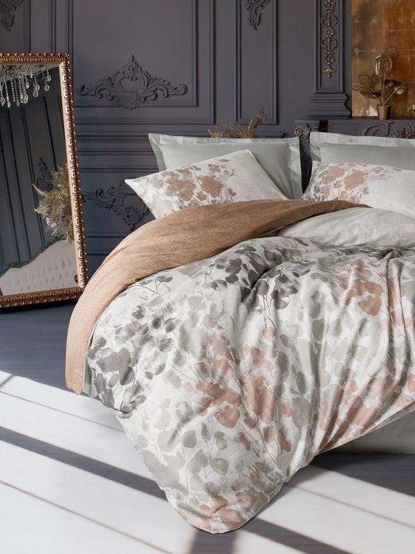 Saten Matrimoniale Set Copripiumino Blatt Grigio