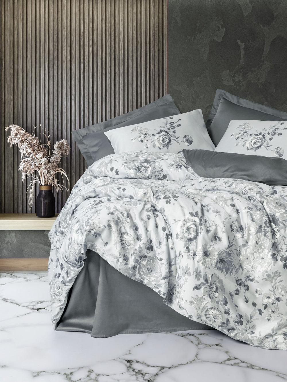 Saten Matrimoniale Set Copripiumino Moale Grigio