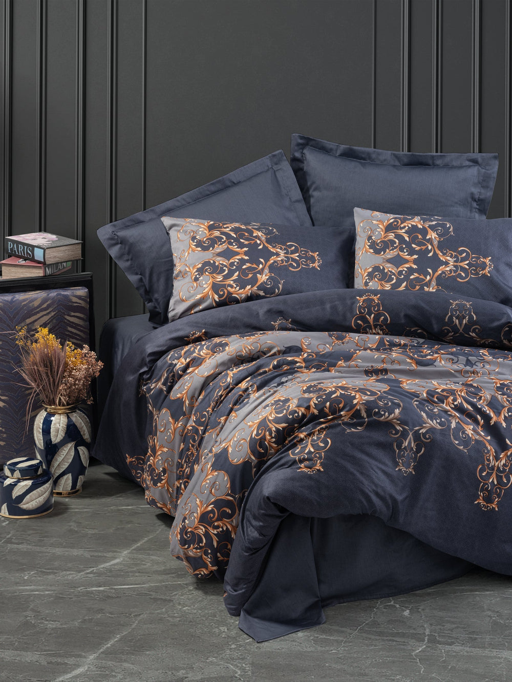 Saten Matrimoniale Set Copripiumino Sarina Blu navy