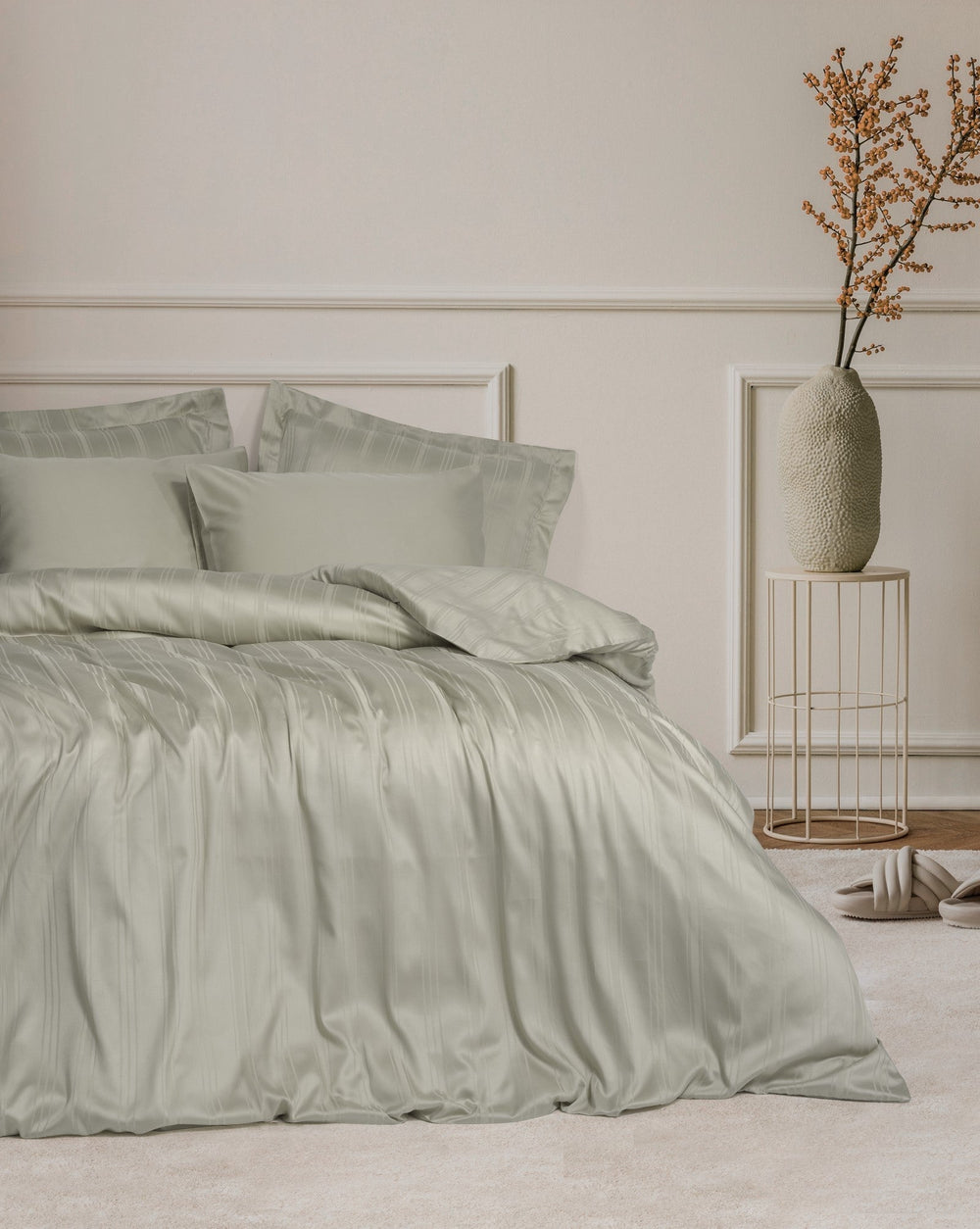 Smart Bambu Saten Matrimoniale Set Copripiumino Stripe Beige