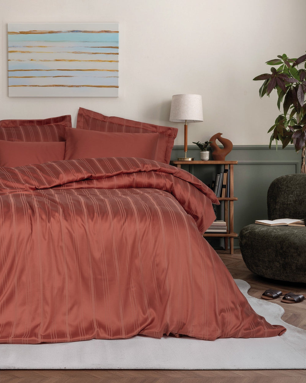 Smart Bambu Saten Matrimoniale Set Copripiumino Stripe Terracotta