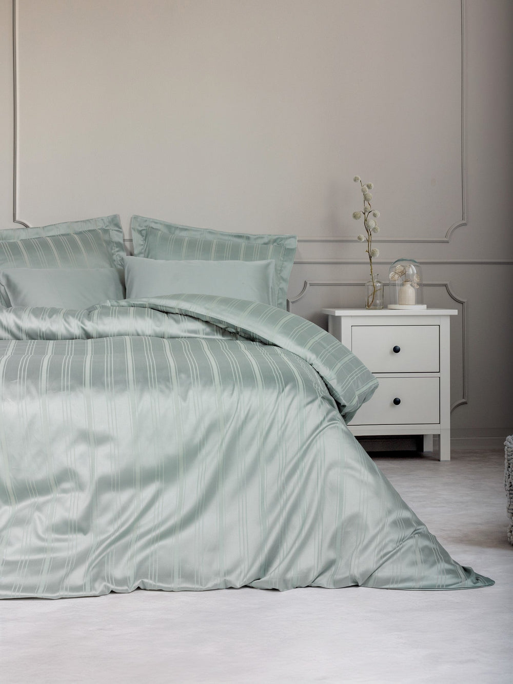 Smart Bambu Saten Matrimoniale Set Copripiumino Stripe Menta