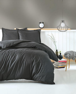 Stripe Saten Matrimoniale Set Copripiumino - Antracite