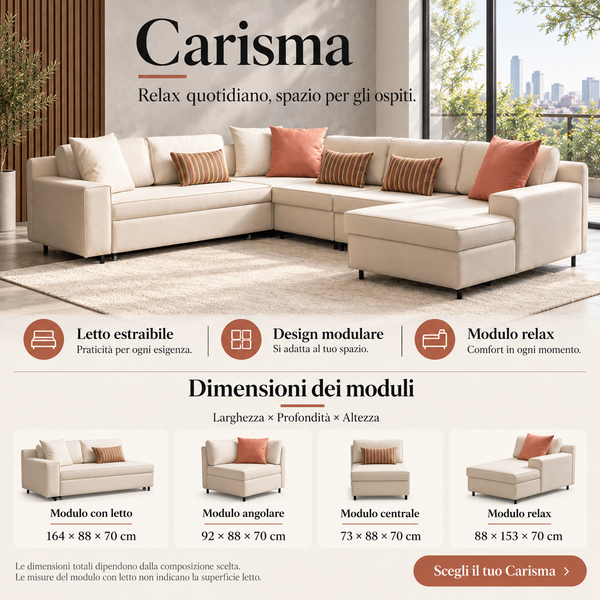 Divano Angolare Carisma Con Letto, Moduli Relax e Centrale - Comfort e Stile Per Ogni Ambiente
