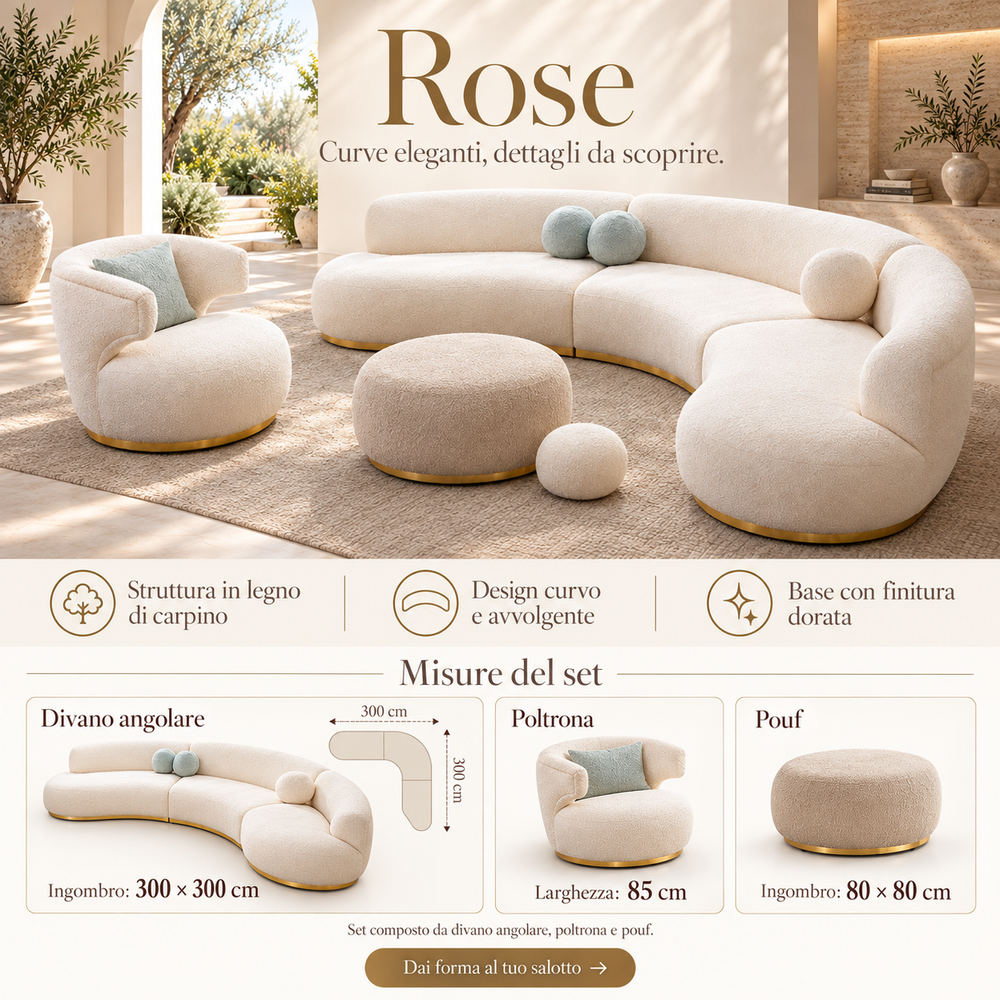 Juego de sofá esquinero Rose 300x300 cm, sillón 85 cm, puf 80x80 cm, estructura de madera de carpe