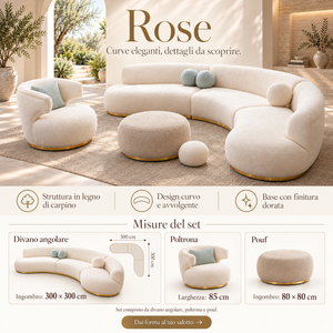 Rose Corner Sofa Set 300x300 cm, Armchair 85 cm, Pouf 80x80 cm, Hornbeam Wood Frame