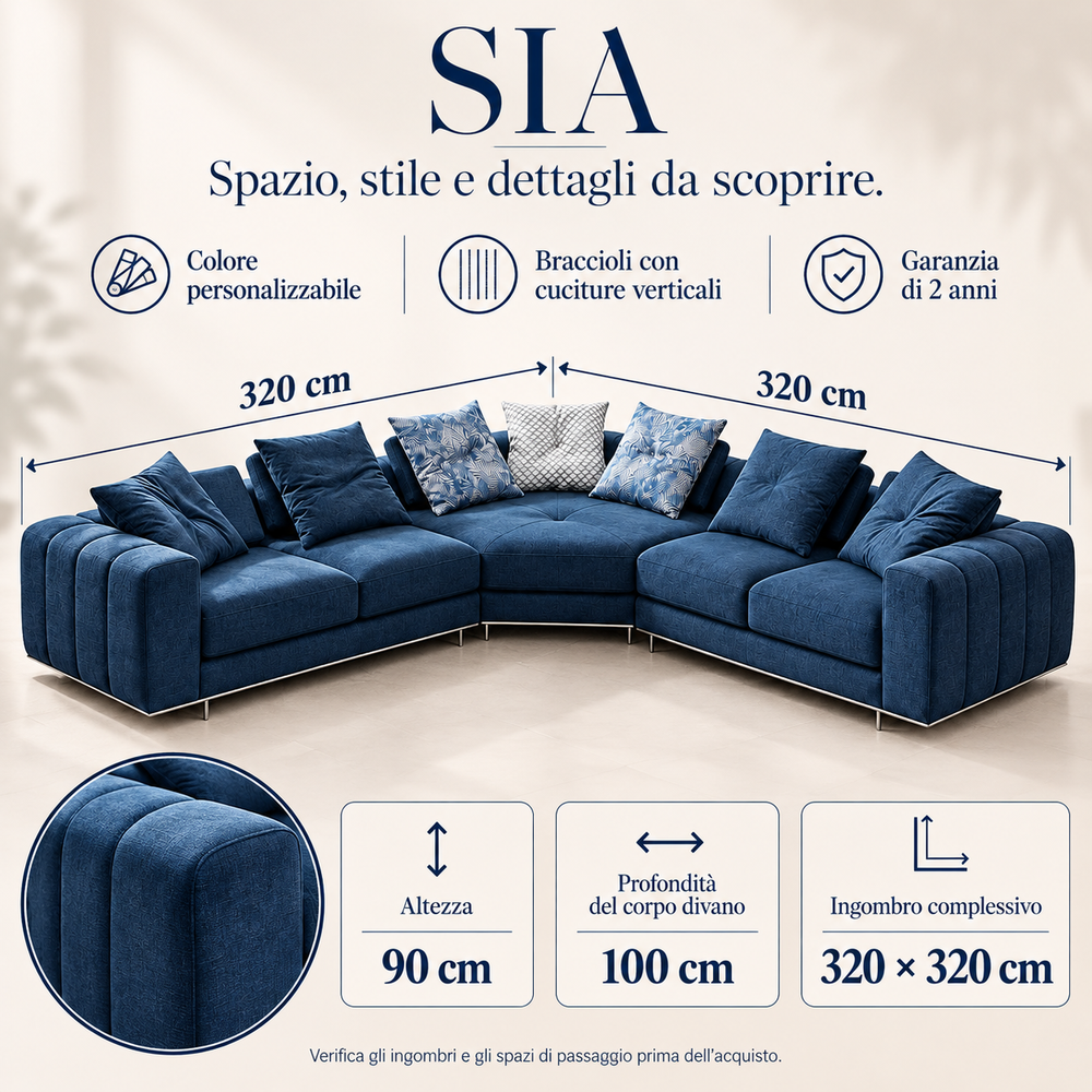 Sofá esquinero SIA de 320x320 cm personalizable con 2 años de garantía y diseño elegante