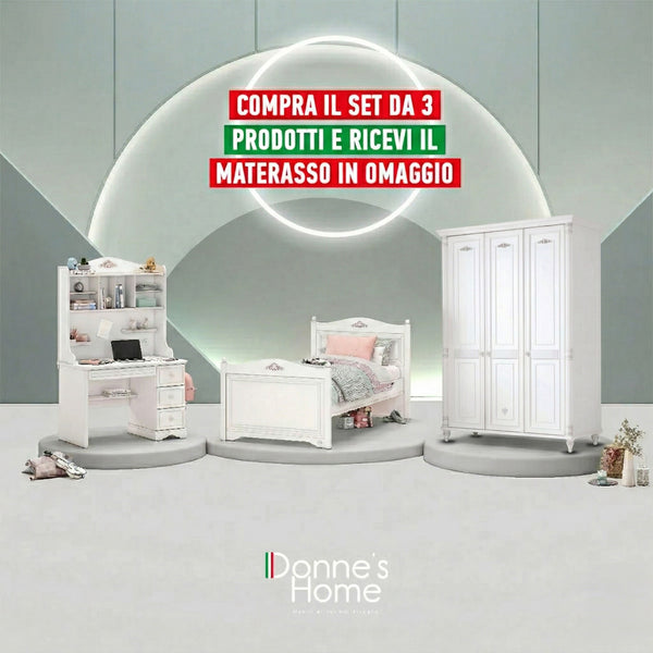 Habitación Completa Romantic: Cama (100x200), Armario de 3 Puertas y Escritorio con Unidad USB + Colchón de Regalo