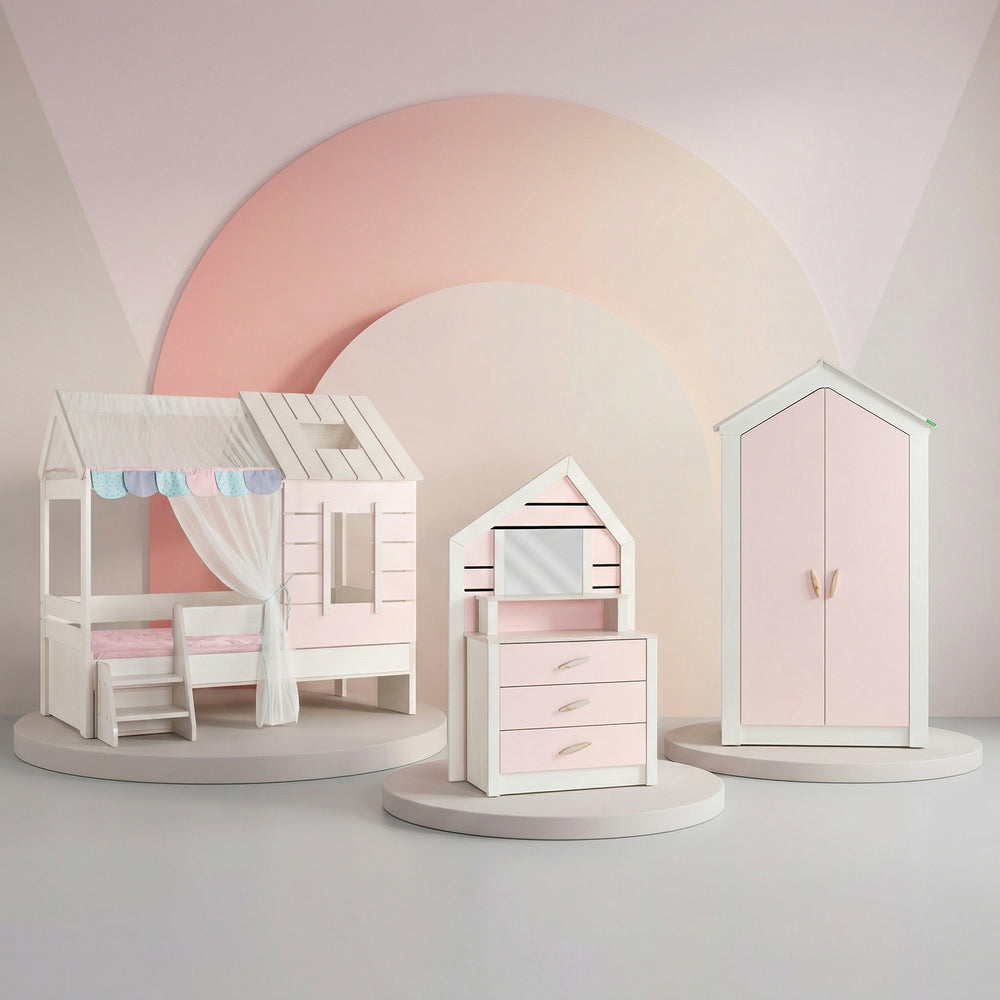 Camera Completa Pink House 2: Letto Casetta, Armadio 2 Ante e Cassettiera con Specchio + Materasso in Omaggio