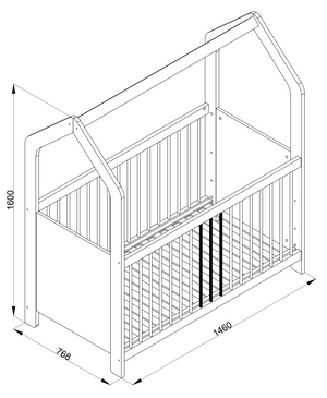 Schema tecnico del lettino Ruka 70x140 cm con misure esterne totali e altezza complessiva