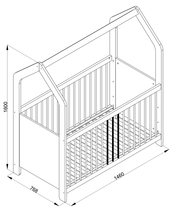 Schema tecnico del lettino Ruka 70x140 cm con misure esterne totali e altezza complessiva