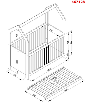 Schema tecnico del lettino Ruka 70x140 cm con misure interne e misure della rete