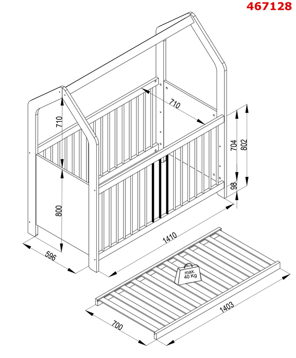Schema tecnico del lettino Ruka 70x140 cm con misure interne e misure della rete