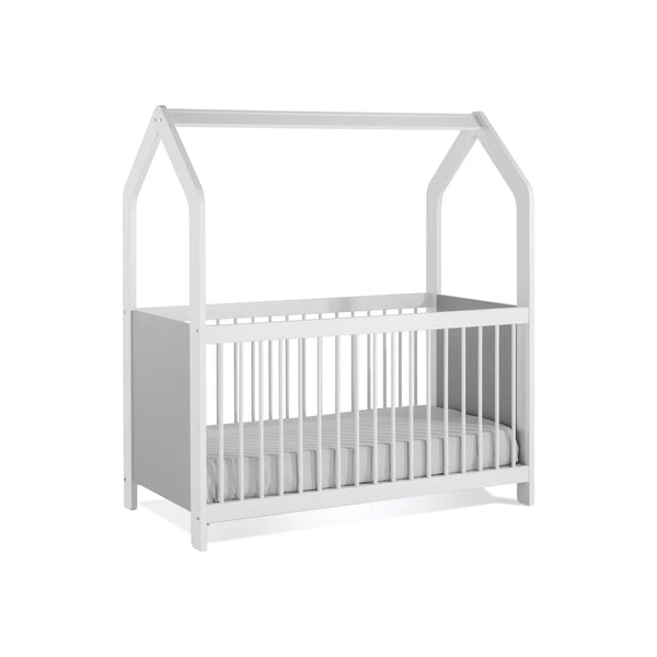 Lettino Ruka 70x140 cm con tetto a casetta e sponde alte, finitura bianca