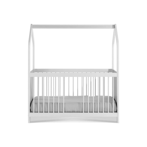 Vista frontale del lettino Ruka 70x140 cm con sponda centrale aperta e sponde alte di sicurezza