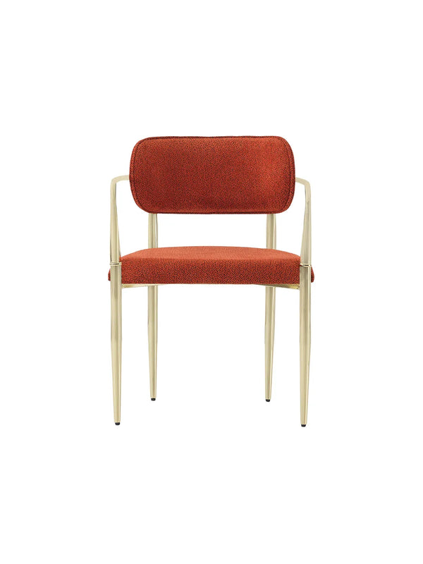 Sedia Berlin Luxury vista frontale, schienale ovale imbottito e gambe affusolate oro