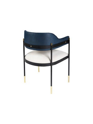 Sedia Dale vista posteriore di tre quarti, retro blu con fascia nera e bottoni dorati