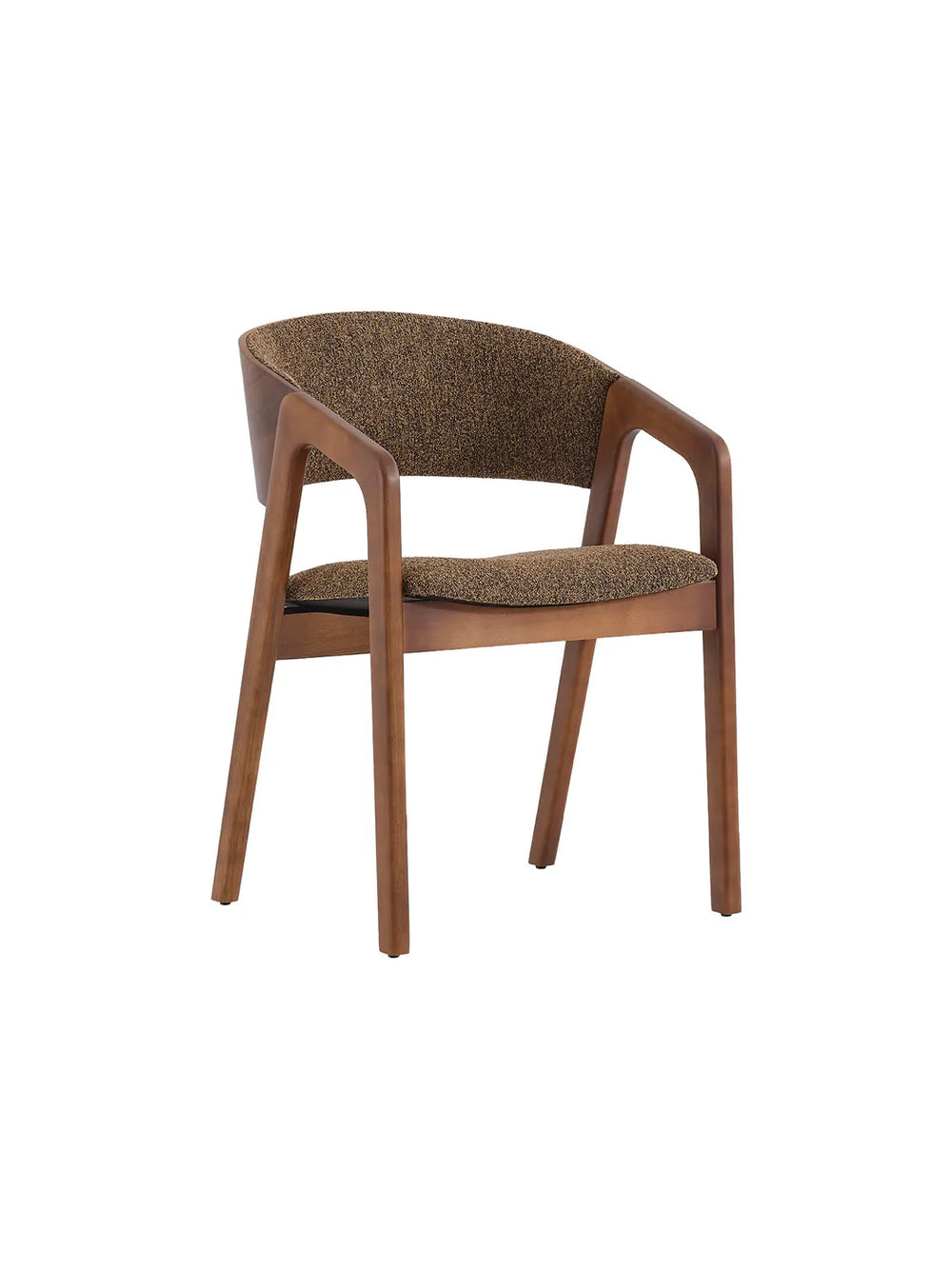 Sedia da pranzo Danish Noce vista di tre quarti, braccioli in legno noce e seduta in tessuto marrone