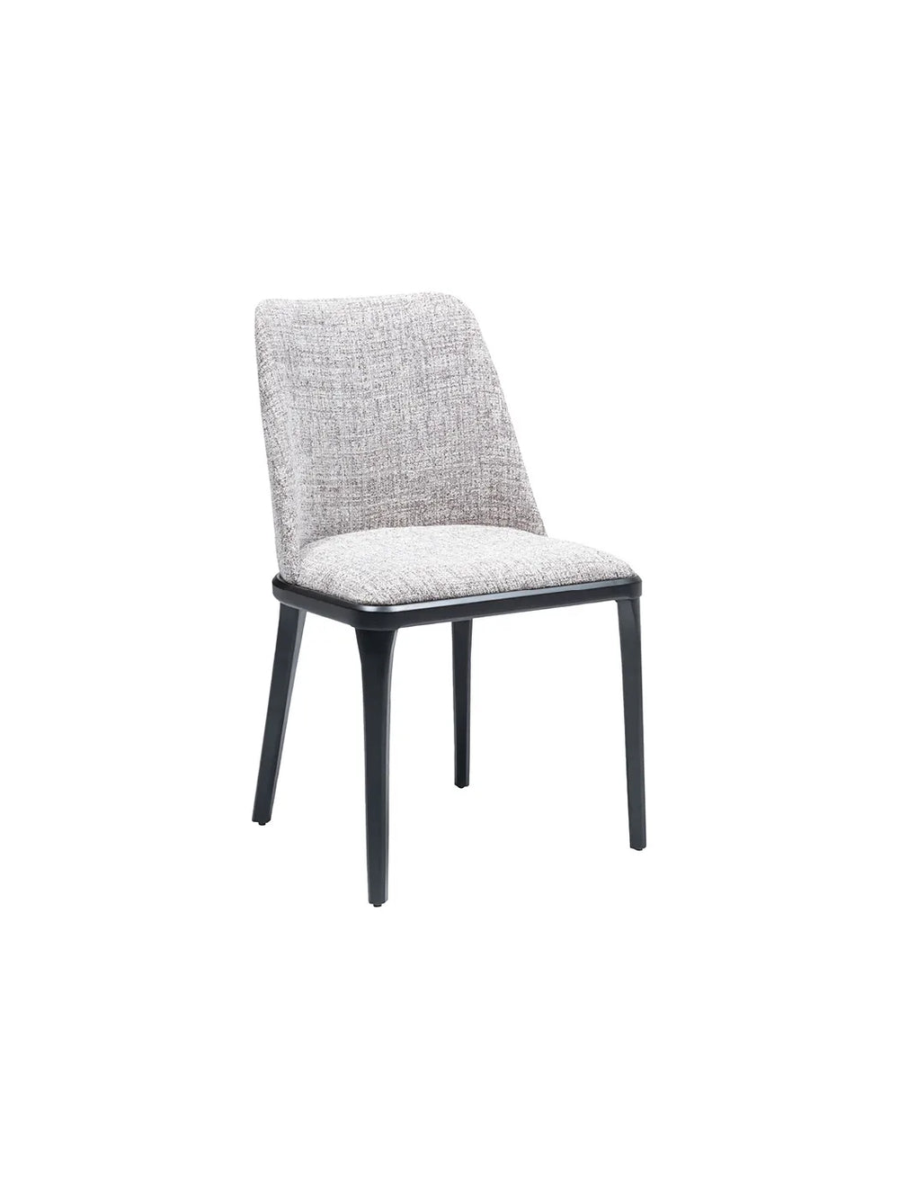 Sedia da pranzo Oliviya vista di tre quarti, tessuto grigio mélange e gambe nere