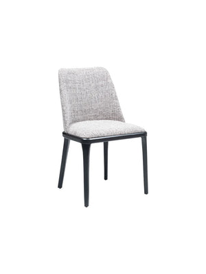 Sedia da pranzo Oliviya vista di tre quarti, tessuto grigio mélange e gambe nere
