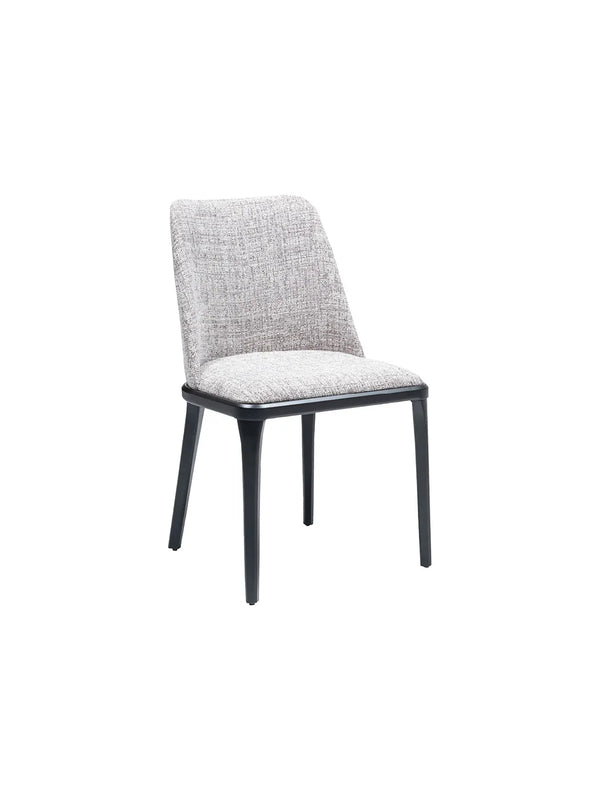 Sedia da pranzo Oliviya vista di tre quarti, tessuto grigio mélange e gambe nere