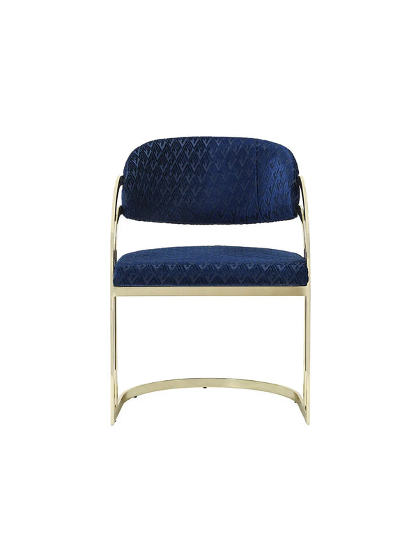 Sedia Oslo vista frontale, seduta e schienale in velluto blu lavorato e braccioli oro