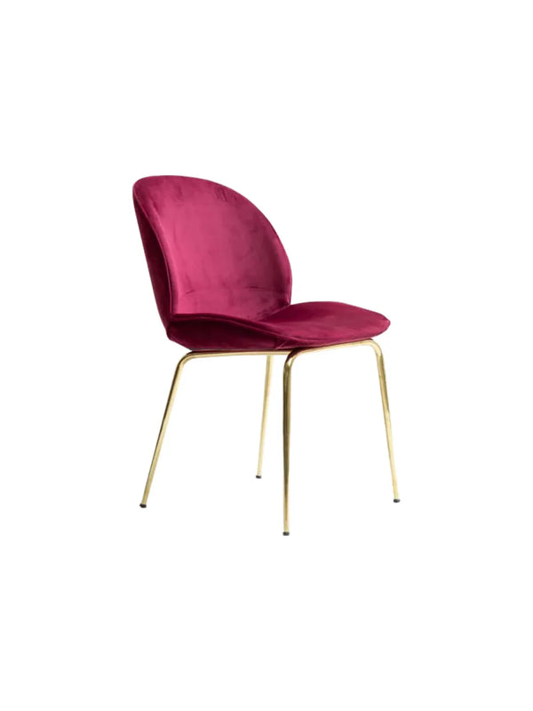Sedia da pranzo Ostrica in velluto fucsia con gambe dorate, vista frontale di tre quarti
