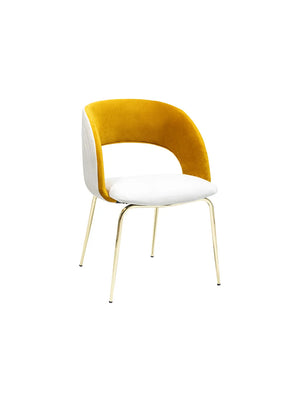 Sedia da pranzo Sahara in velluto senape e bianco con gambe oro, vista di tre quarti