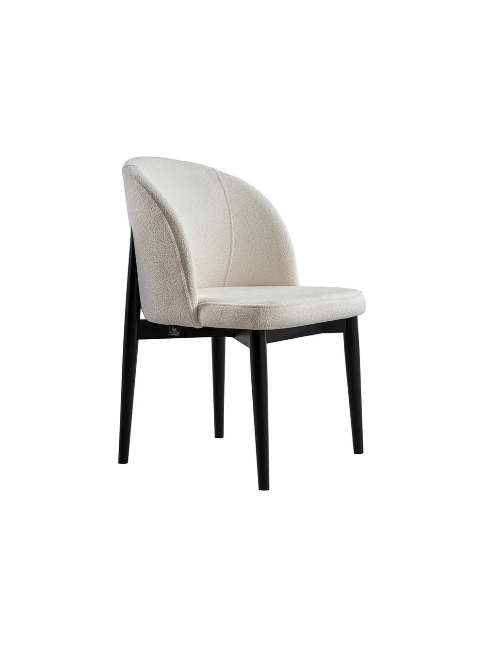 Sedia da pranzo Side vista di tre quarti in bouclé bianco panna con gambe nere