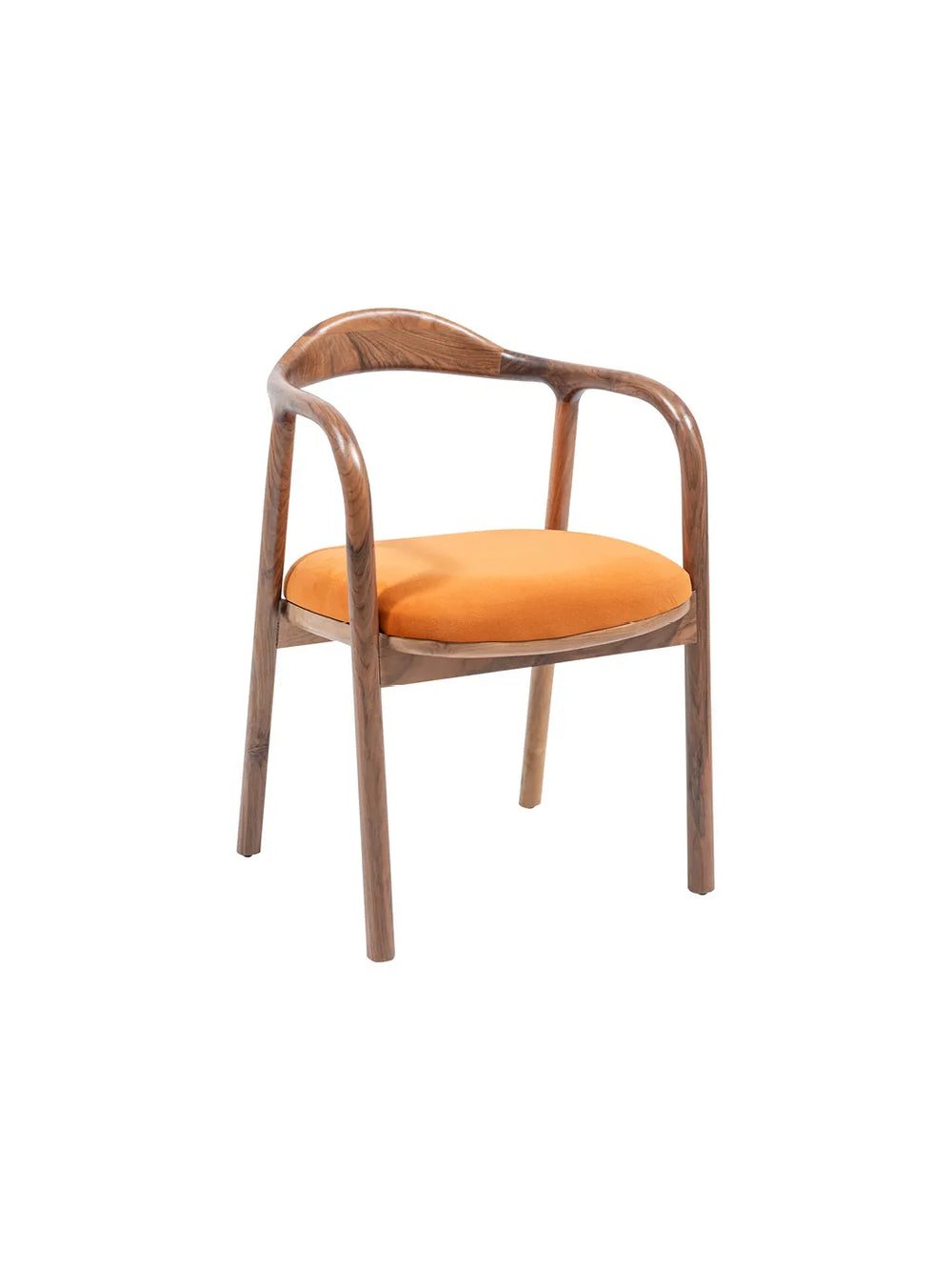 Sedia da pranzo Sir Walnut vista di tre quarti, braccioli in legno noce e seduta arancio