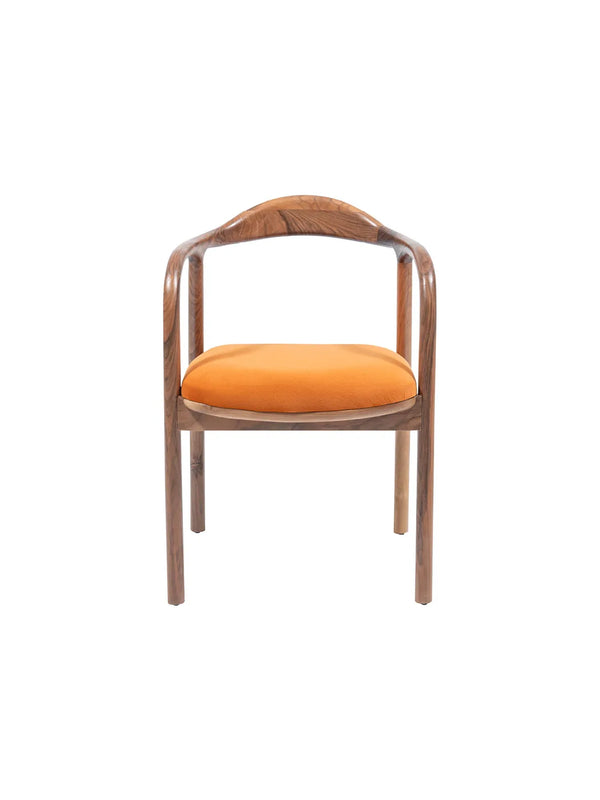 Sedia Sir Walnut vista frontale con schienale a fascia in legno noce e cuscino arancio