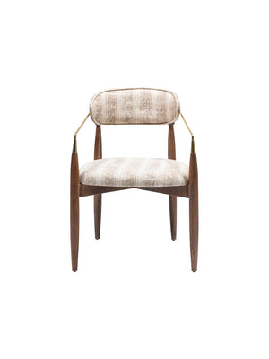 Sedia Sirius vista frontale, schienale ovale imbottito e gambe in legno tinto noce