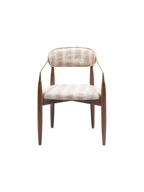 Sedia Sirius vista frontale, schienale ovale imbottito e gambe in legno tinto noce