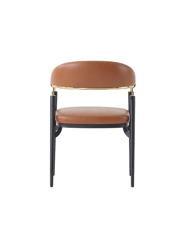 Sedia Turano vista posteriore, schienale curvo in ecopelle cognac