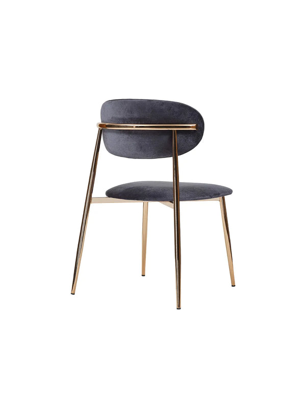 Sedia Viola Gold vista posteriore di tre quarti con traverso dorato sullo schienale