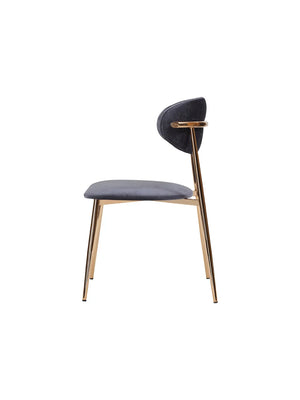 Sedia Viola Gold vista laterale, profilo dello schienale ovale e gambe dorate