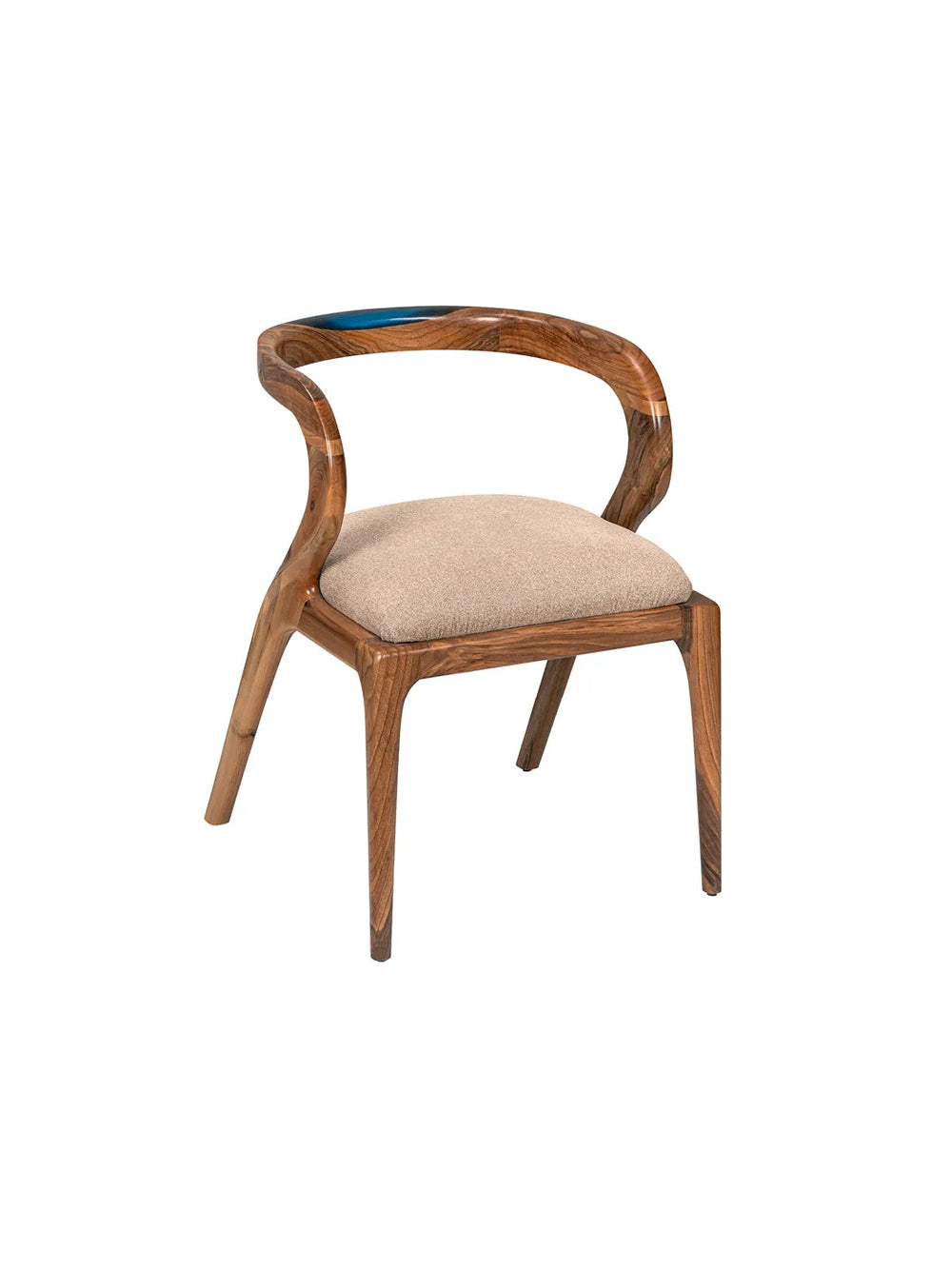 Sedia da pranzo Walnut Wood vista di tre quarti, schienale sinuoso in noce con inserto blu