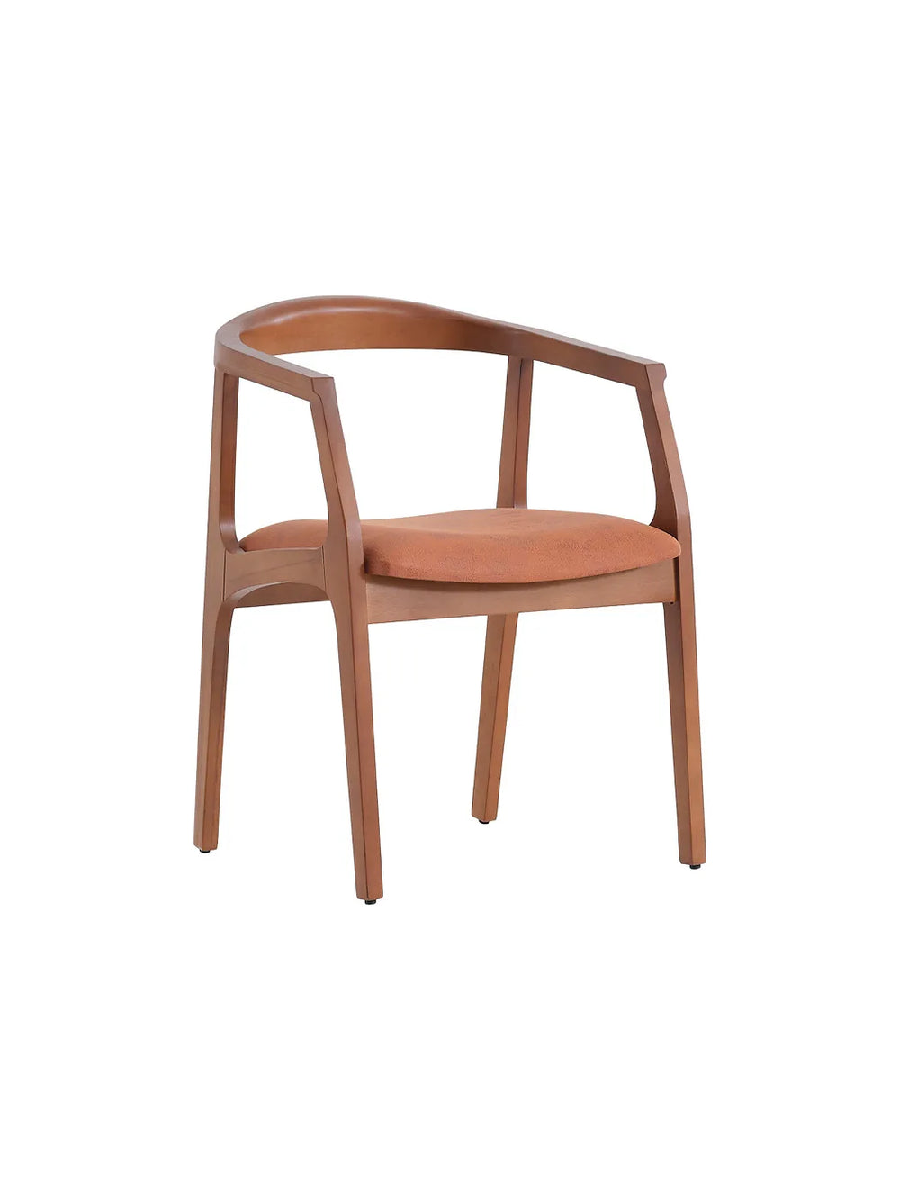 Sedia da pranzo Wood vista di tre quarti, telaio in legno miele e seduta color ruggine
