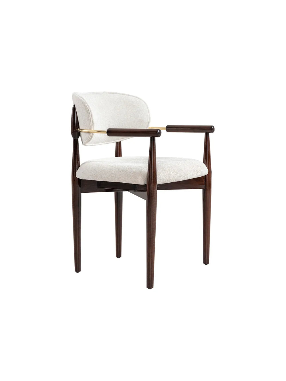 Sedia da pranzo Wood Berlin vista di tre quarti, legno scuro lucido e tessuto bianco panna