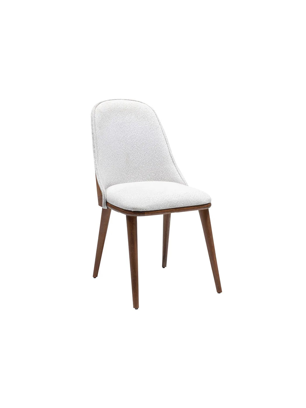 Sedia da pranzo Wood Crea in tessuto bianco con gambe in legno noce, vista di tre quarti