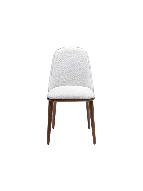 Sedia da pranzo Wood Crea vista frontale con schienale alto imbottito in tessuto bianco